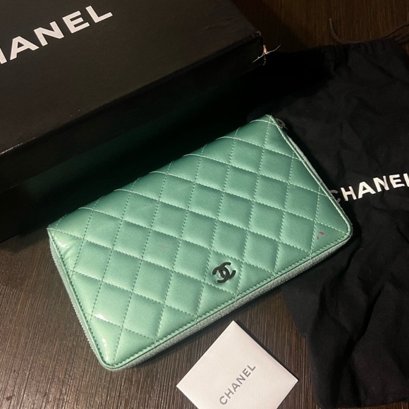 CHANEL Handbags - Authentic Chanel teal blue patent leather long wallet